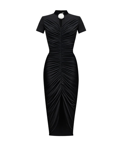 Amanda, midi dress with short sleeves made of black biflex