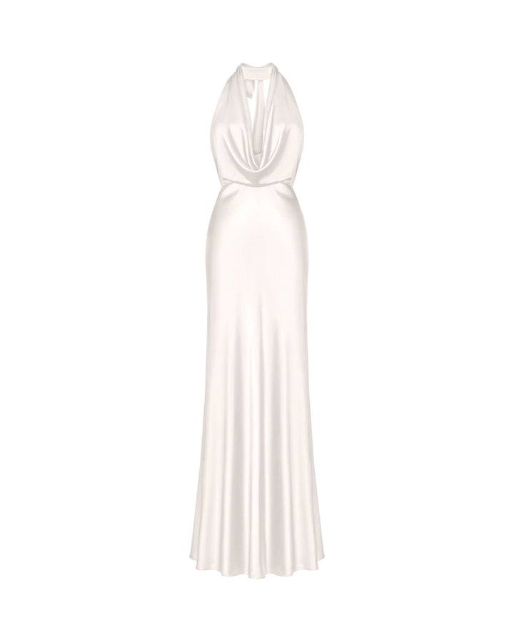 Alia maxi, silk satin maxi dress in ivory