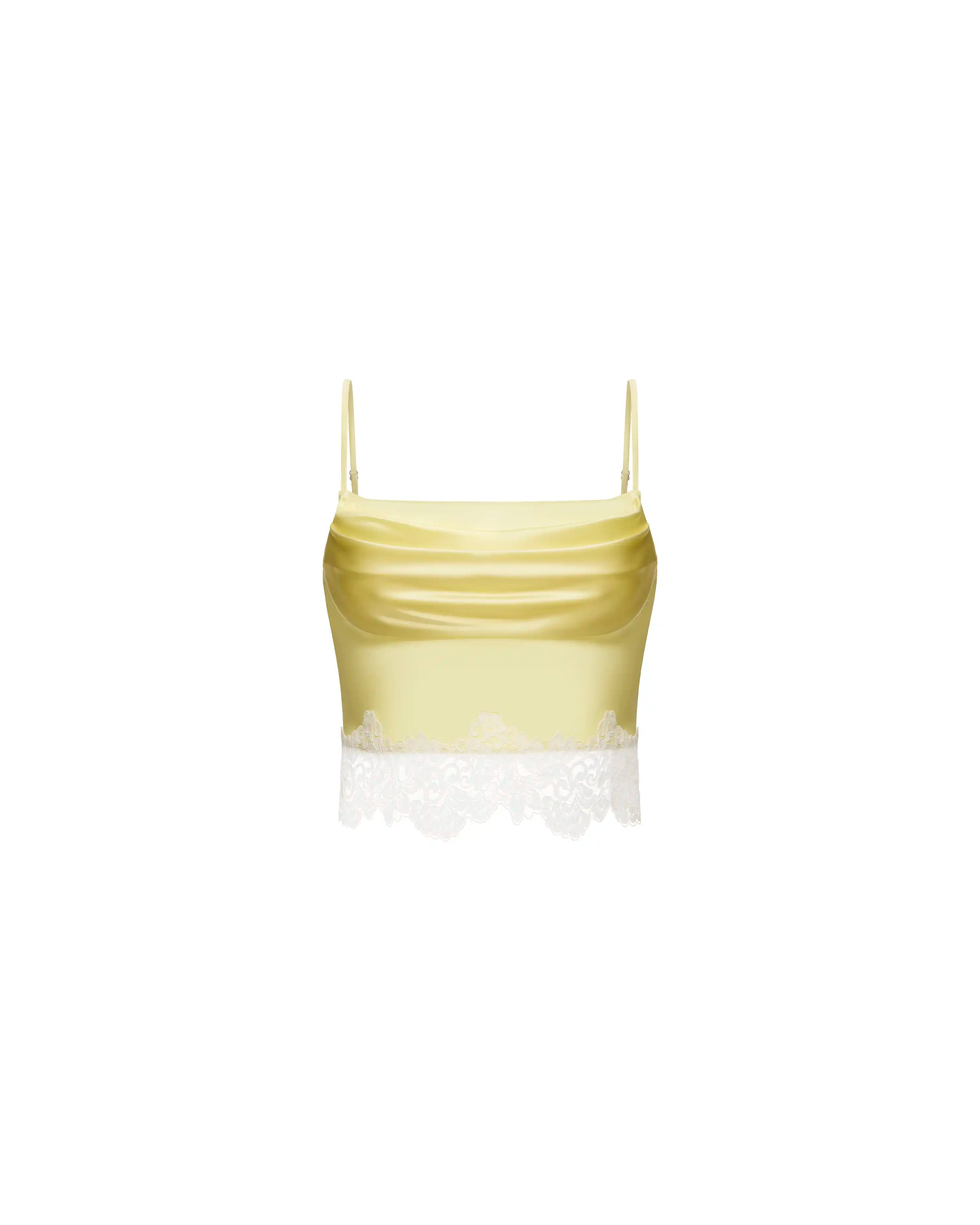 Cassie top, top in yellow satin with lace trim