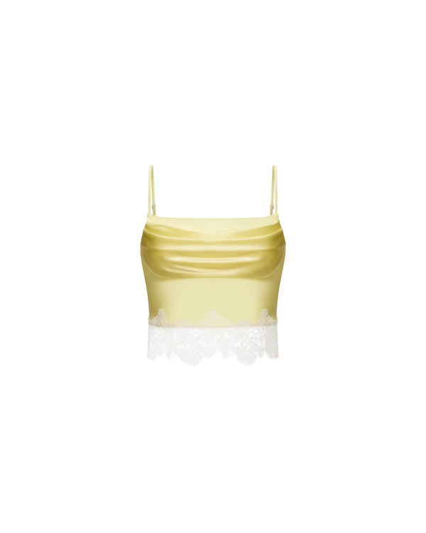 Cassie top, top in yellow satin with lace trim
