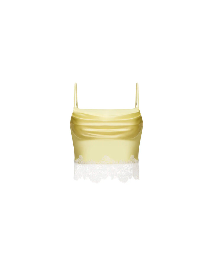 Cassie top, top in yellow satin with lace trim