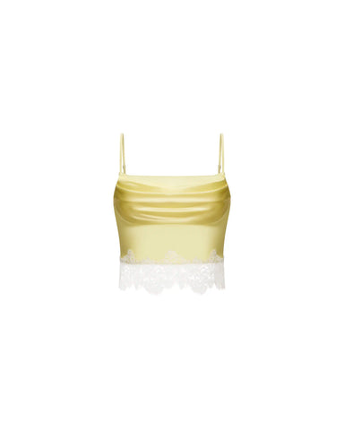 Cassie top, top in yellow satin with lace trim