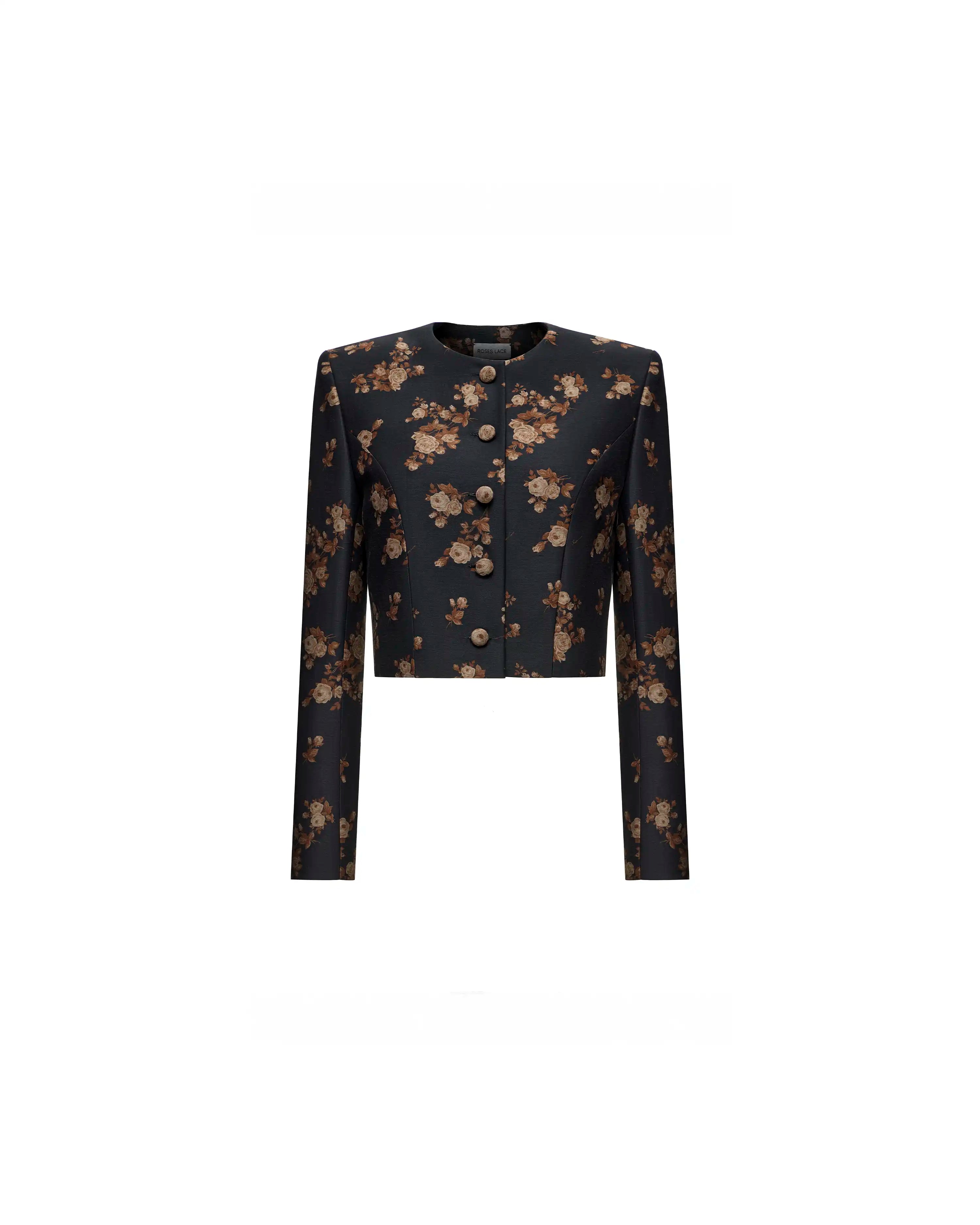 Pionella, black taffeta jacket with brown flowers