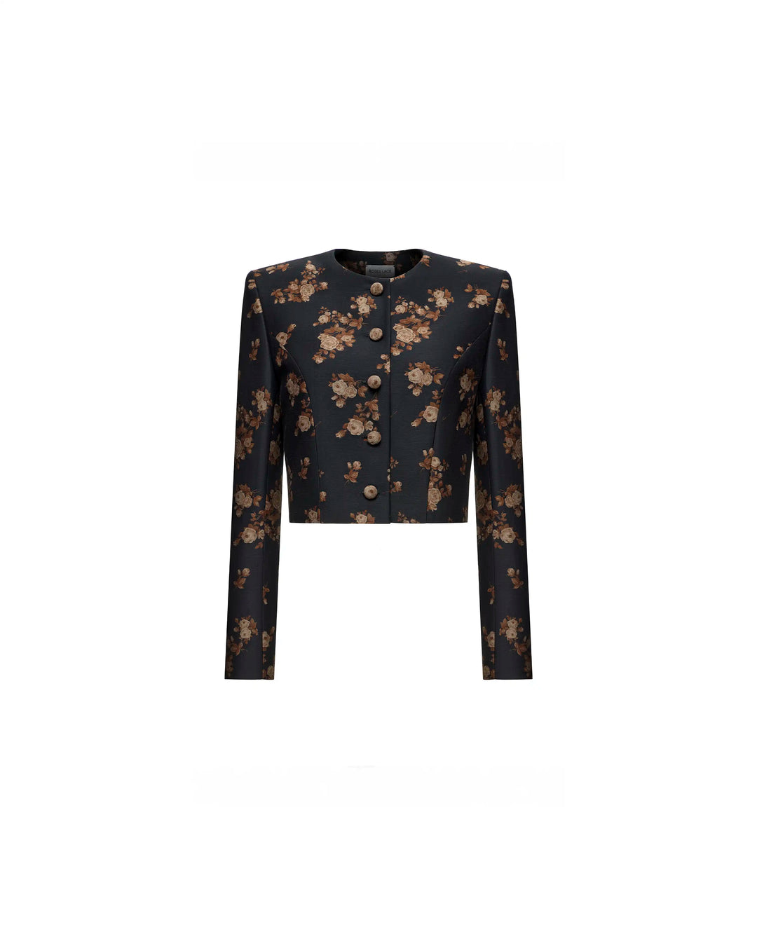 Pionella, black taffeta jacket with brown flowers