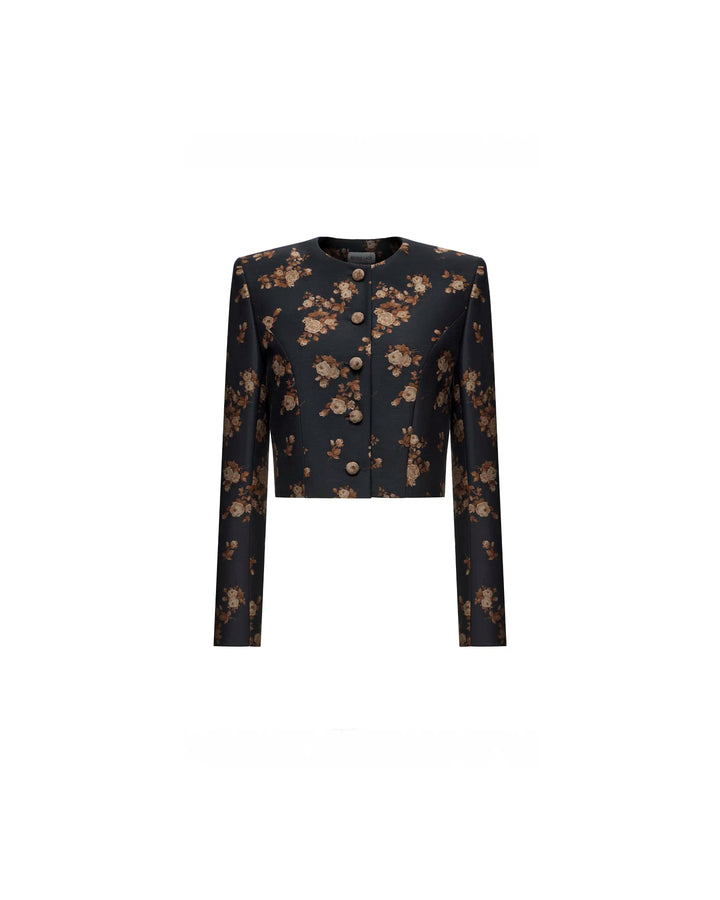 Pionella, black taffeta jacket with brown flowers