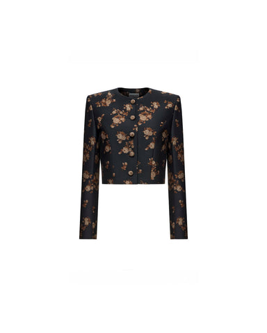 Pionella, black taffeta jacket with brown flowers