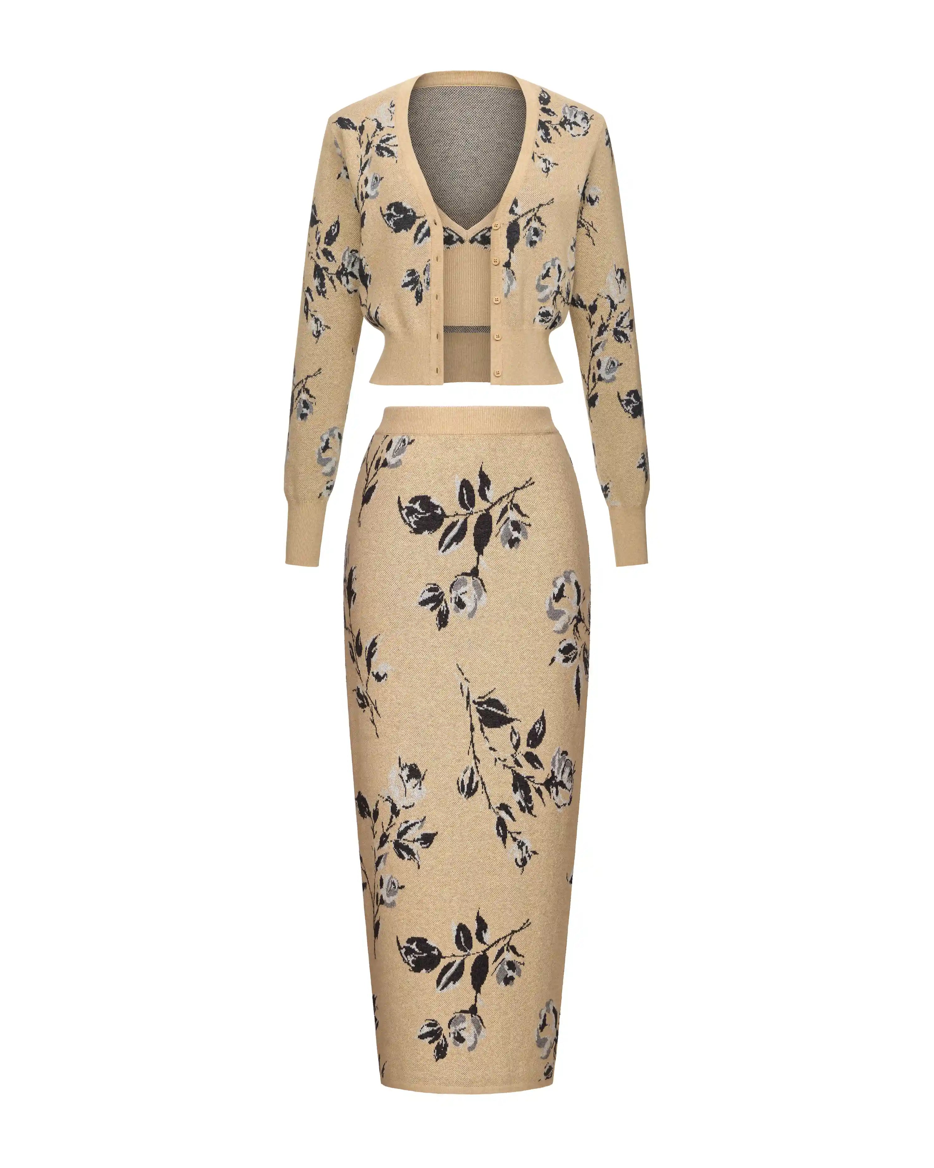 Heather-Dorothy, knitted set made of beige cotton with floral print