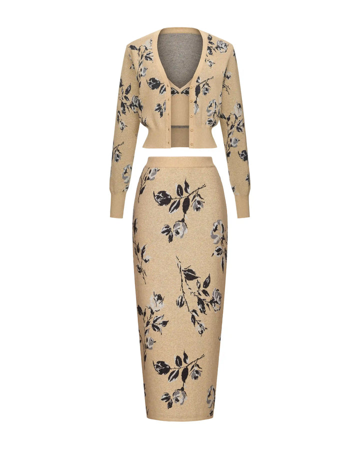 Heather-Dorothy, knitted set made of beige cotton with floral print