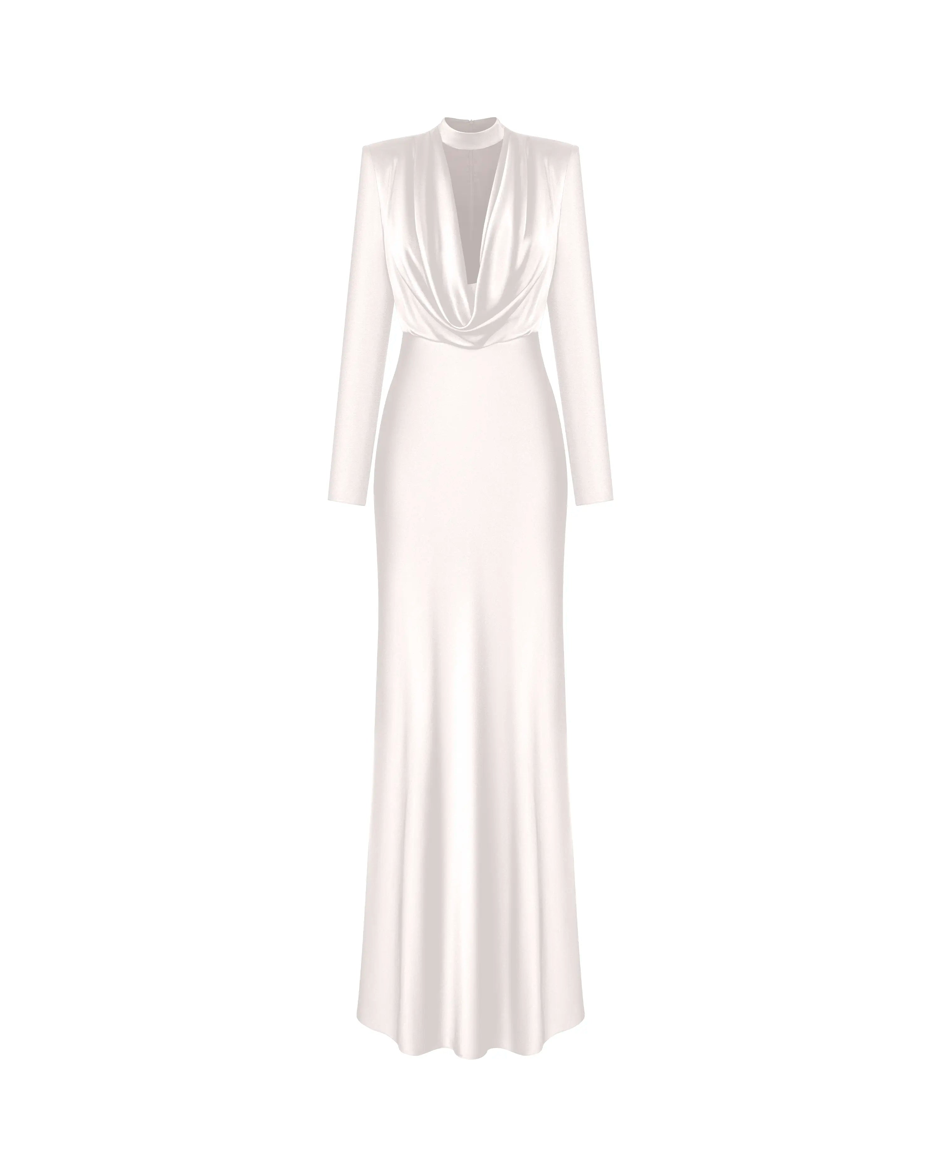 Emma maxi, silk satin maxi dress with long sleeves and choker in ivory