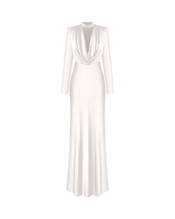 Emma maxi, silk satin maxi dress with long sleeves and choker in ivory