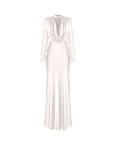 Emma maxi, silk satin maxi dress with long sleeves and choker in ivory