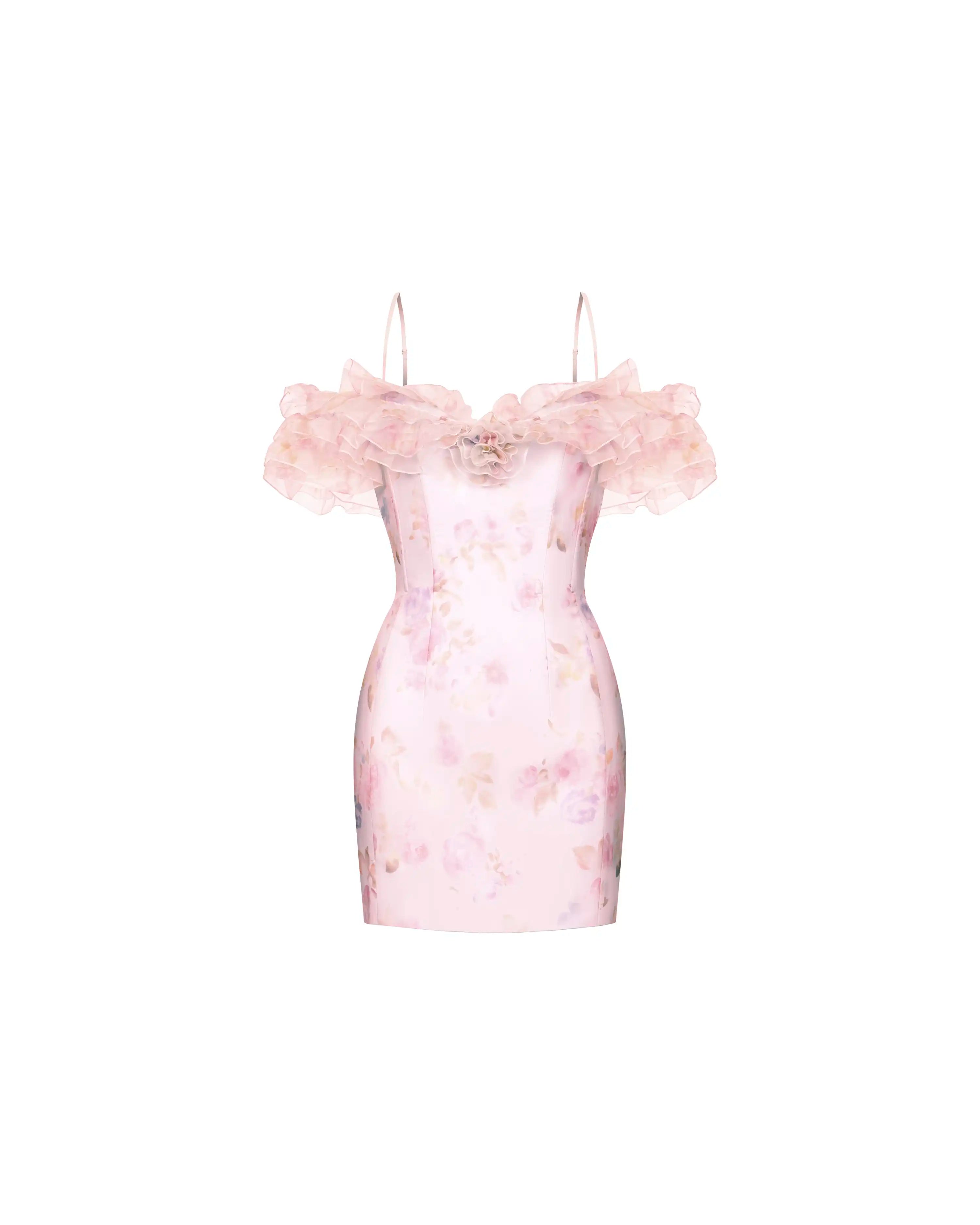 May mini, mini dress in pink organza with a floral print, ruffles, and a rose detail