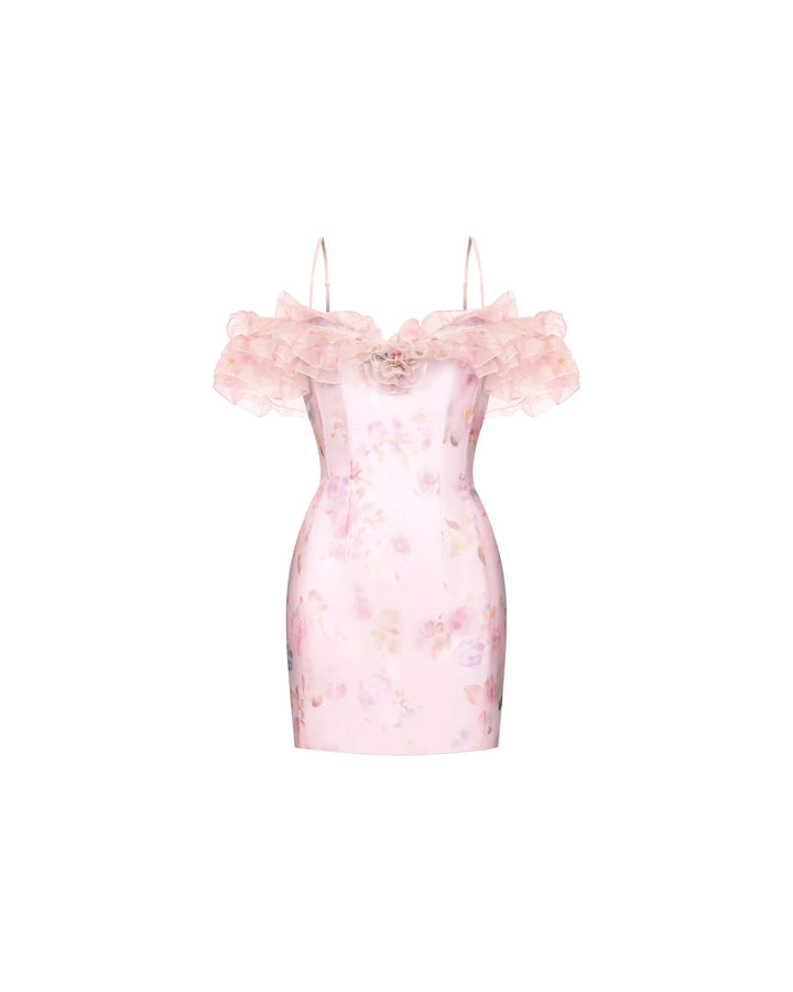 May mini, mini dress in pink organza with a floral print, ruffles, and a rose detail