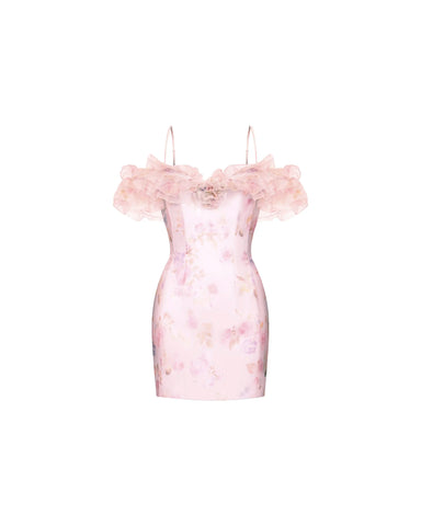 May mini, mini dress in pink organza with a floral print, ruffles, and a rose detail