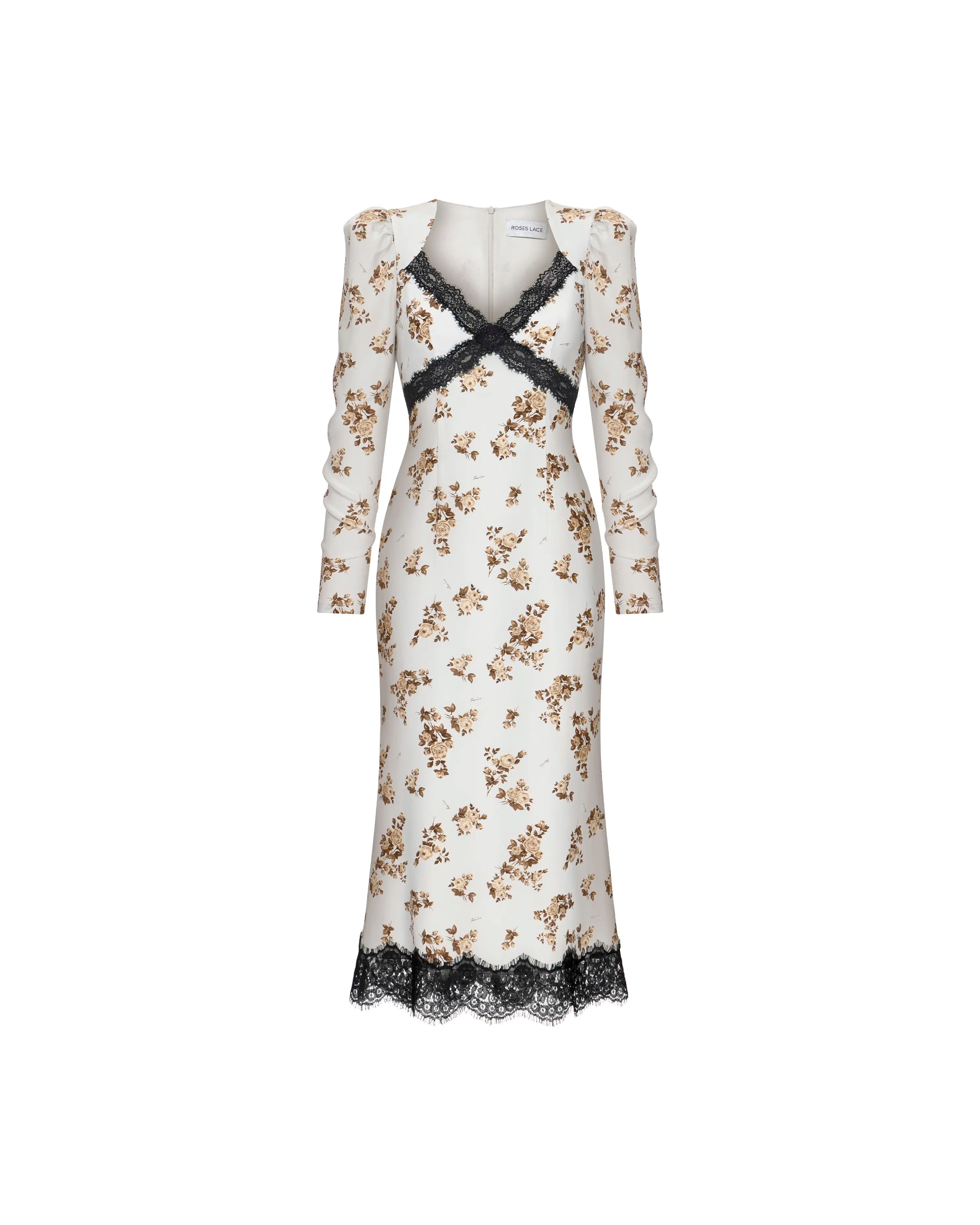 Rennie midi, milky crepe de chine midi dress with brown flowers