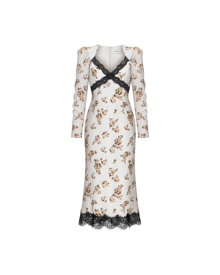 Rennie midi, milky crepe de chine midi dress with brown flowers