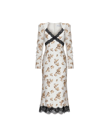 Rennie midi, milky crepe de chine midi dress with brown flowers