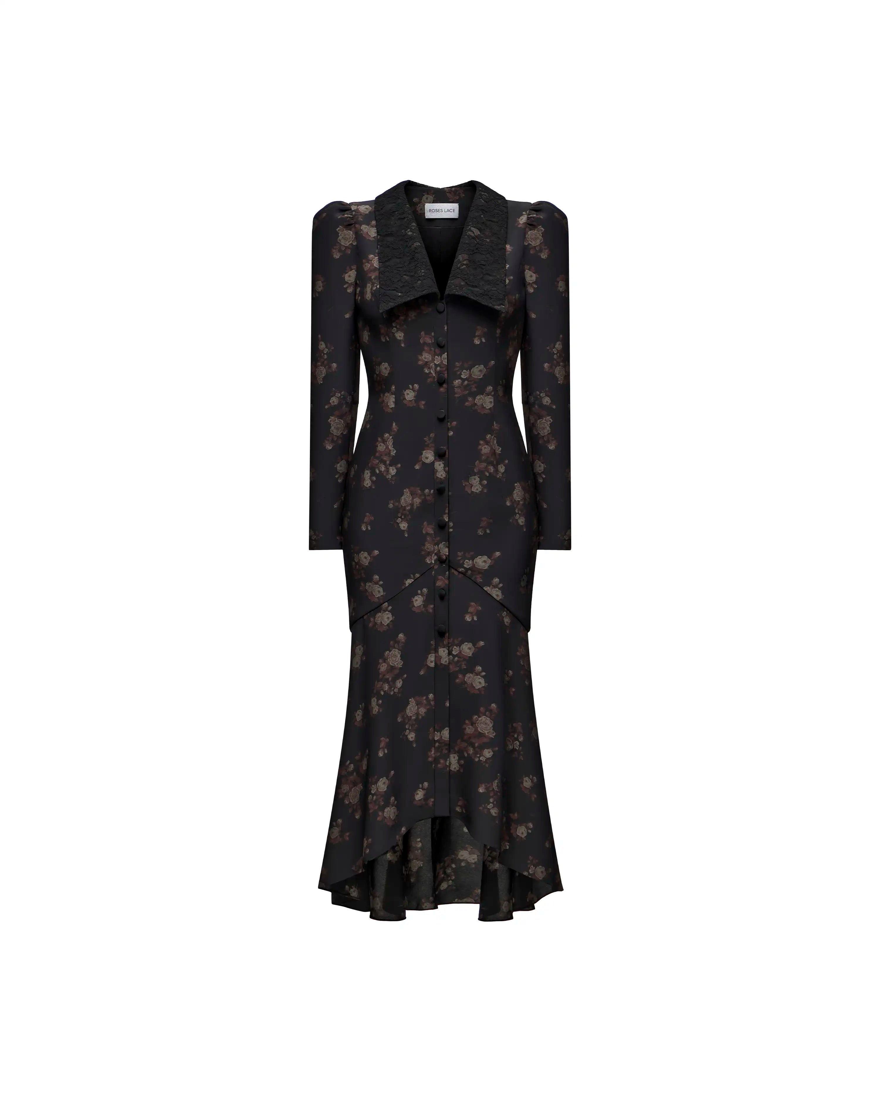 Audrice midi, black crepe de chine midi dress with brown flowers