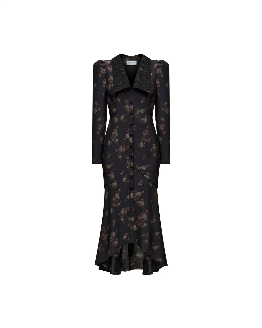 Audrice midi, black crepe de chine midi dress with brown flowers