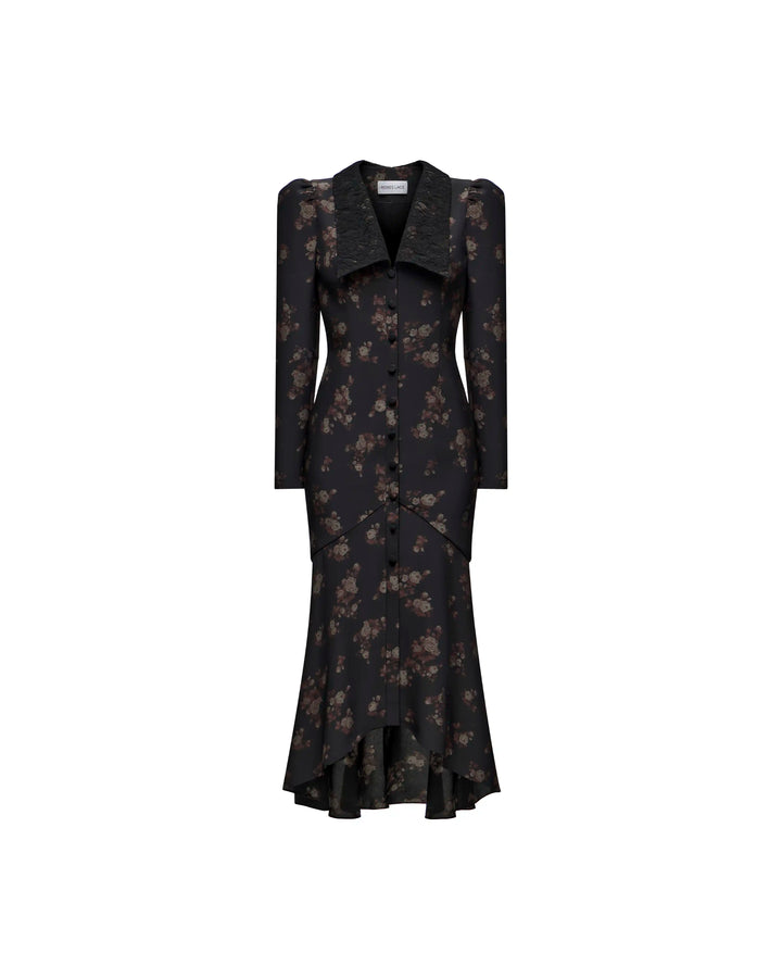 Audrice midi, black crepe de chine midi dress with brown flowers