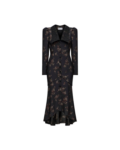 Audrice midi, black crepe de chine midi dress with brown flowers