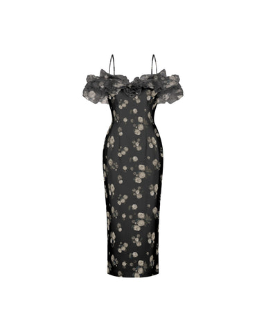May midi, midi dress in black organza with a floral print