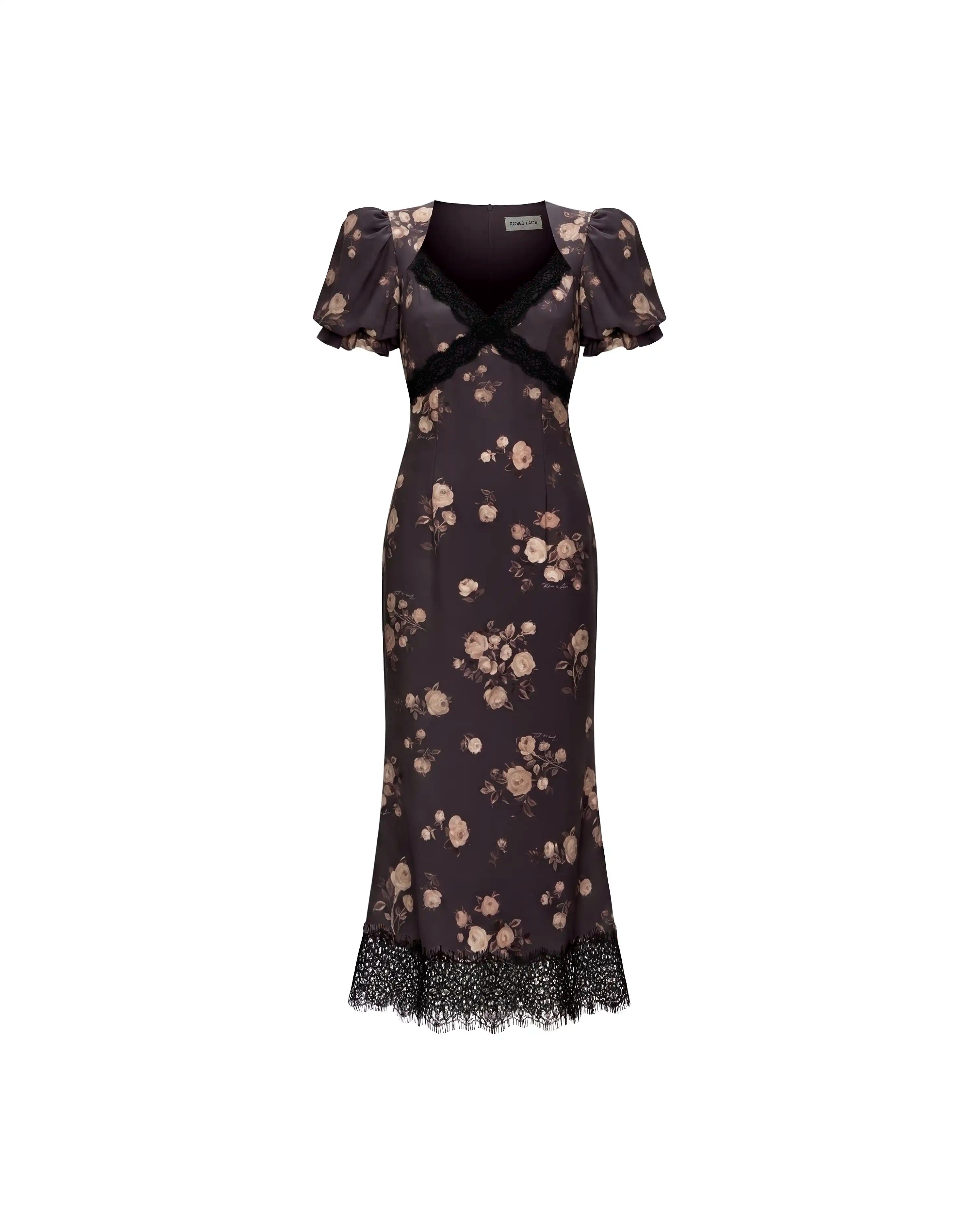 Penny midi, chocolate crepe de chine midi dress with medium beige flowers