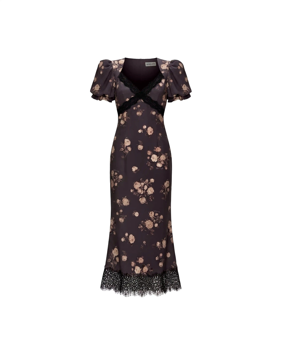 Penny midi, chocolate crepe de chine midi dress with medium beige flowers