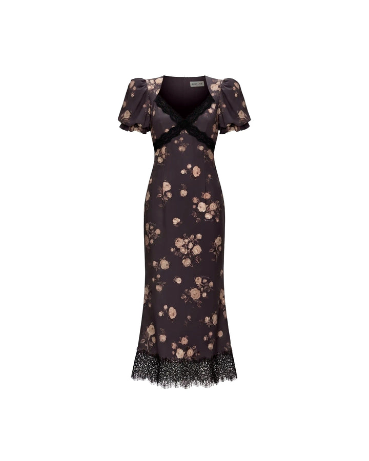 Penny midi, chocolate crepe de chine midi dress with medium beige flowers