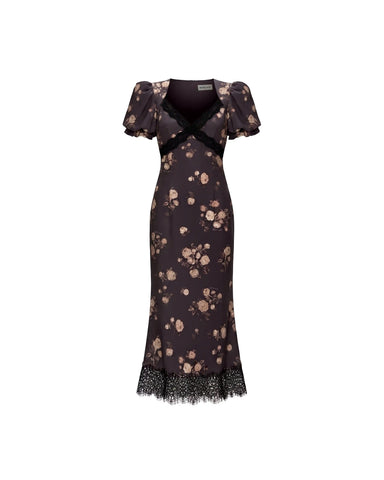 Penny midi, chocolate crepe de chine midi dress with medium beige flowers