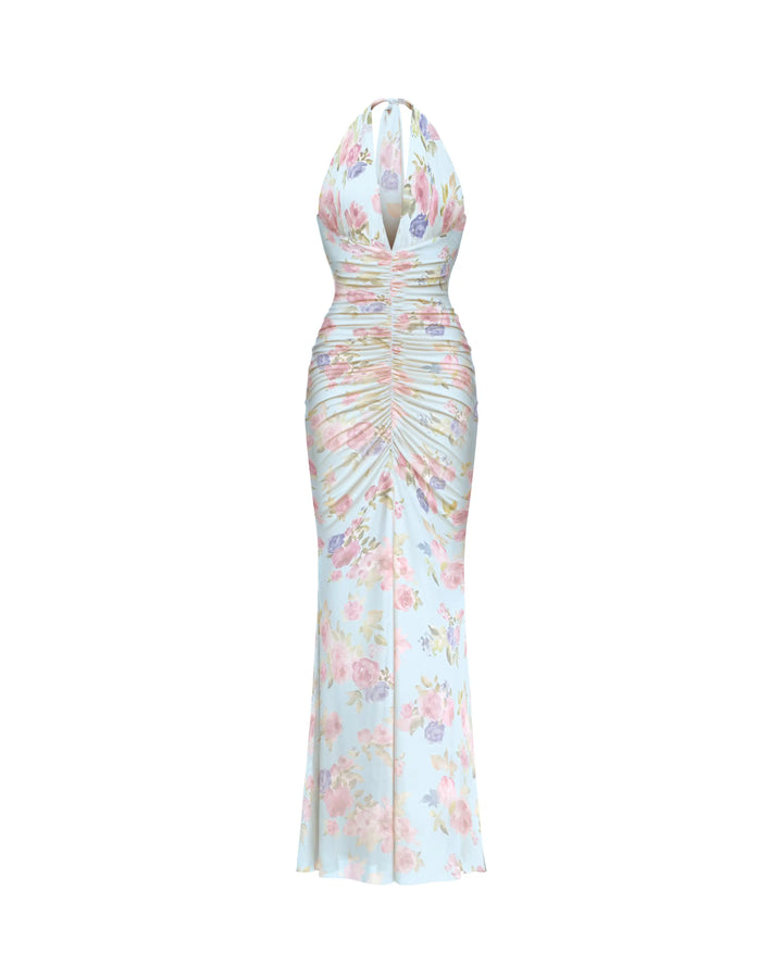 Luna maxi, maxi dress made of blue mesh with a large floral print