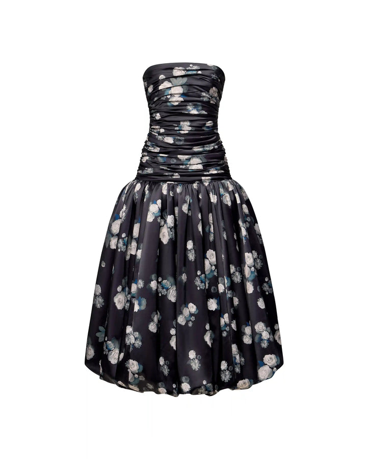 Taylor midi, midi dress made of black satin with floral print