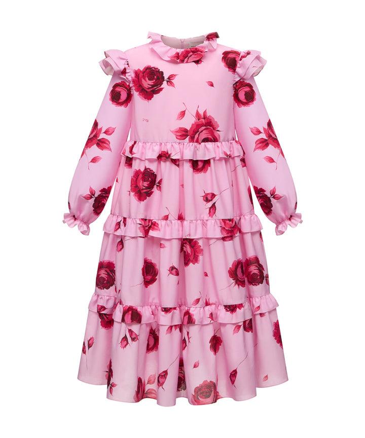 Alisa Frill, children's dress made of pink batiste with large raspberry flowers