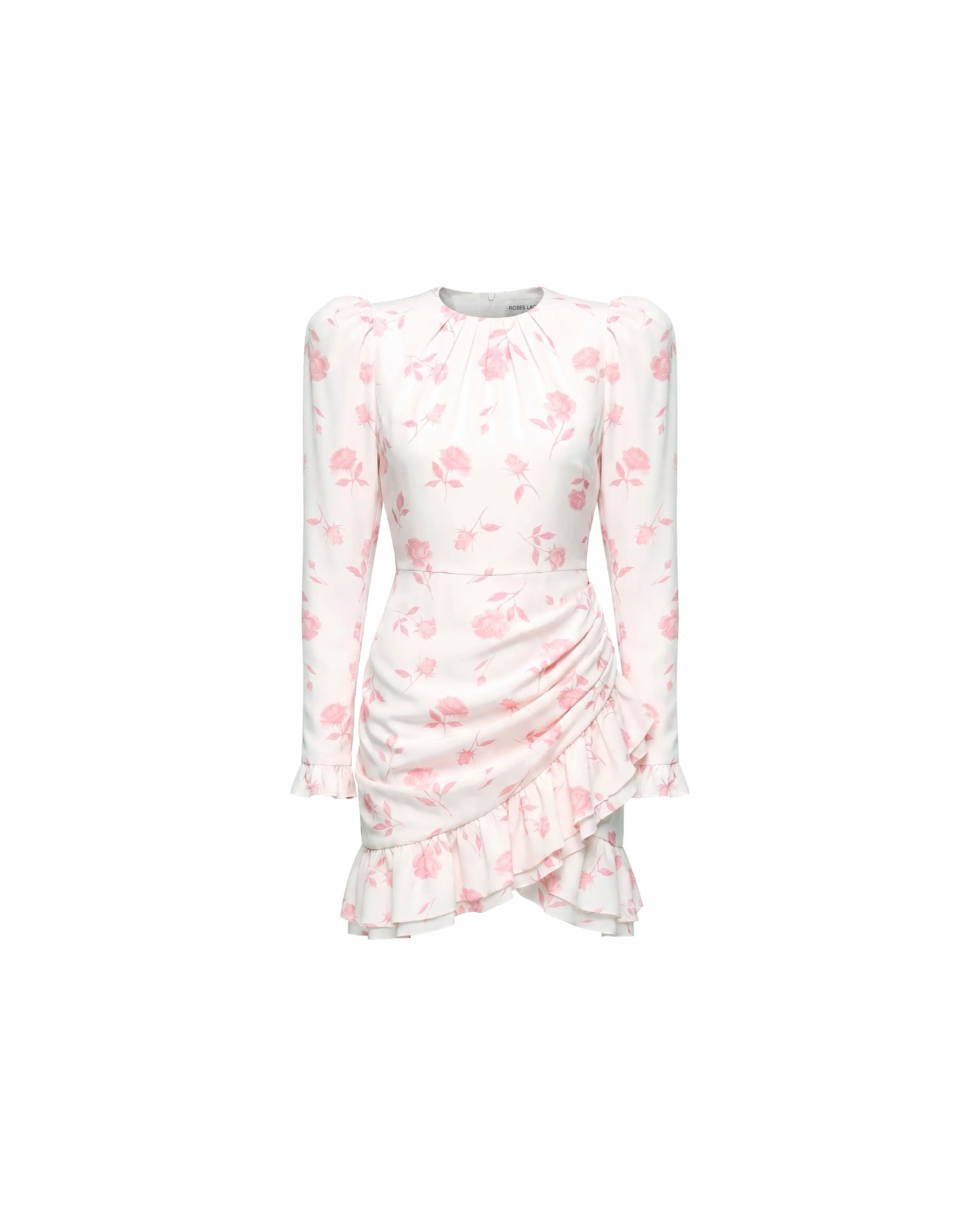 Charlotte mini, ivory crepe de chine mini dress with medium light pink flowers