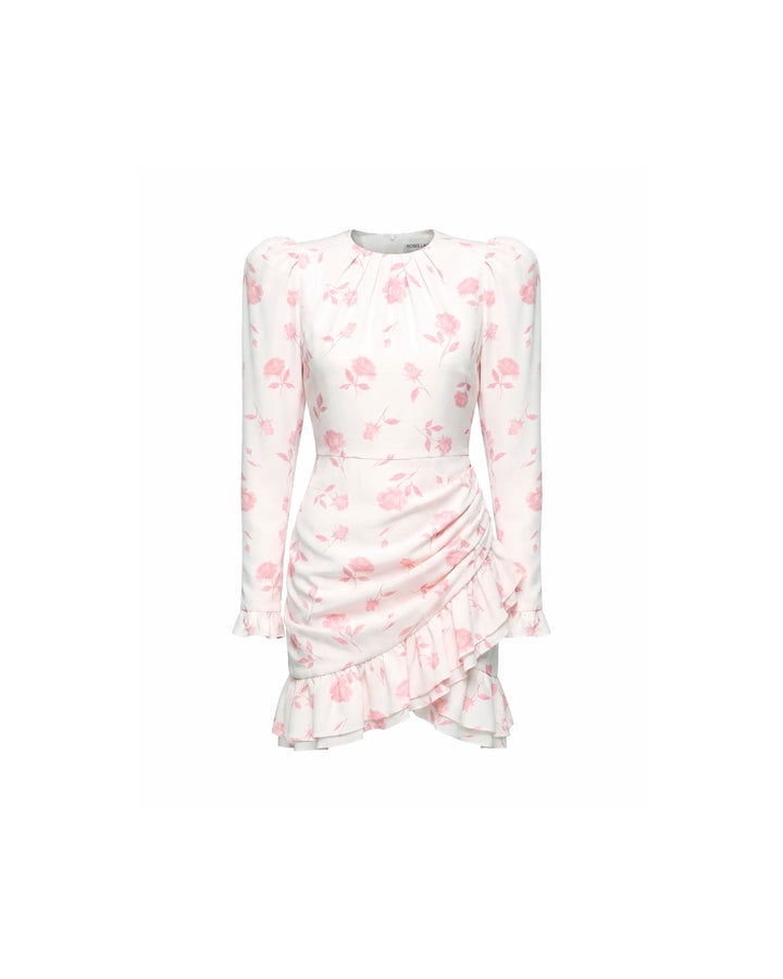 Charlotte mini, ivory crepe de chine mini dress with medium light pink flowers
