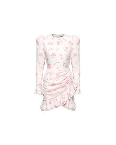 Charlotte mini, ivory crepe de chine mini dress with medium light pink flowers