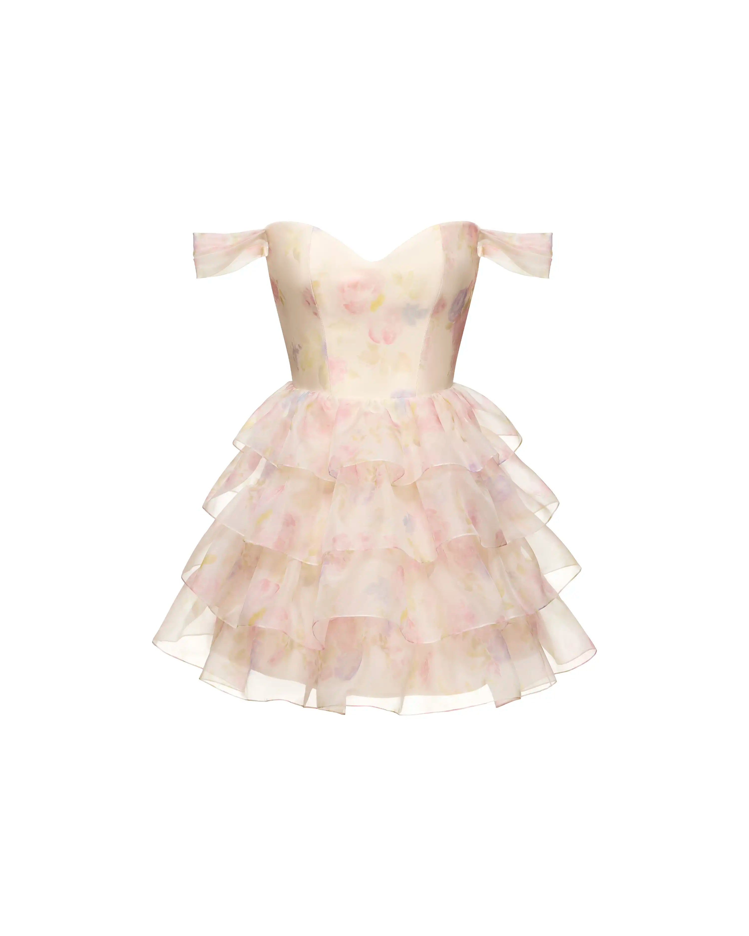 Lisen mini, milky organza corset mini dress with a floral print