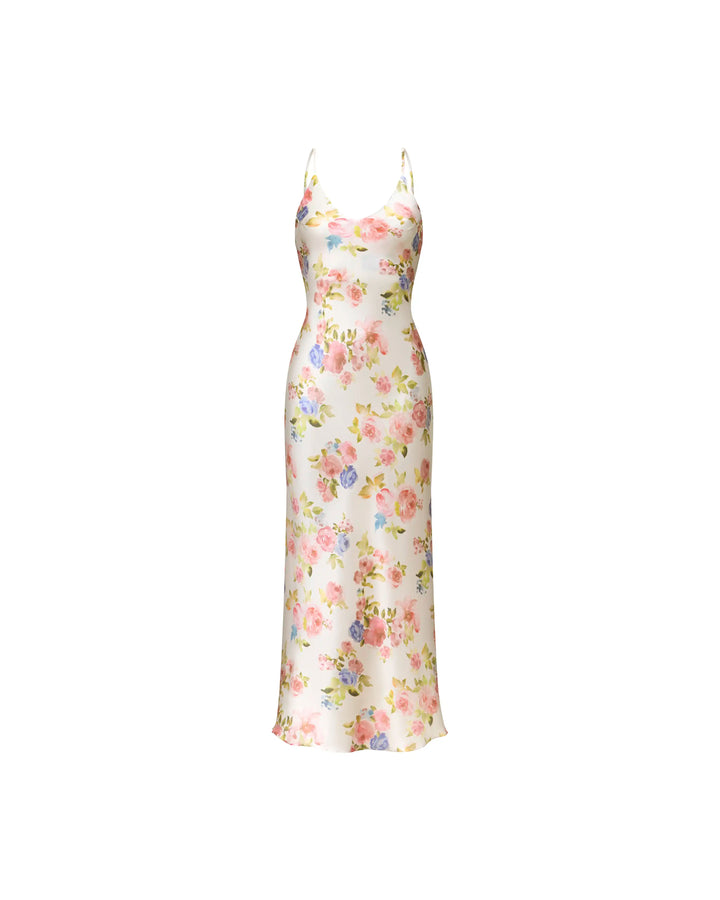 Cecil midi dress in milky satin with a floral print