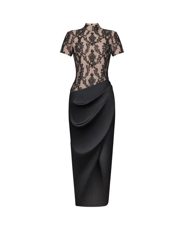 Celine midi, midi dress made of black lace with a skirt of black satin