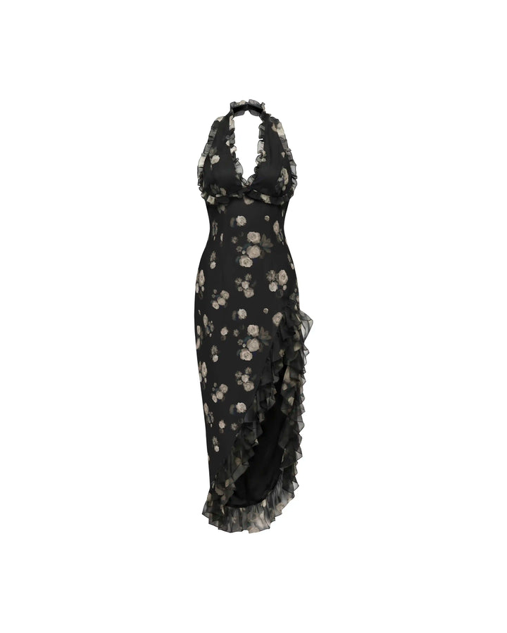Quora midi, midi dress in black chiffon with a floral print