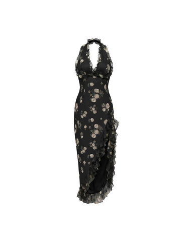 Quora midi, midi dress in black chiffon with a floral print