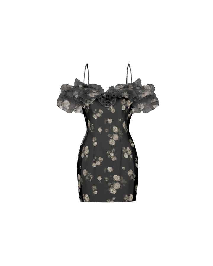 May mini, mini dress in black organza with a floral print