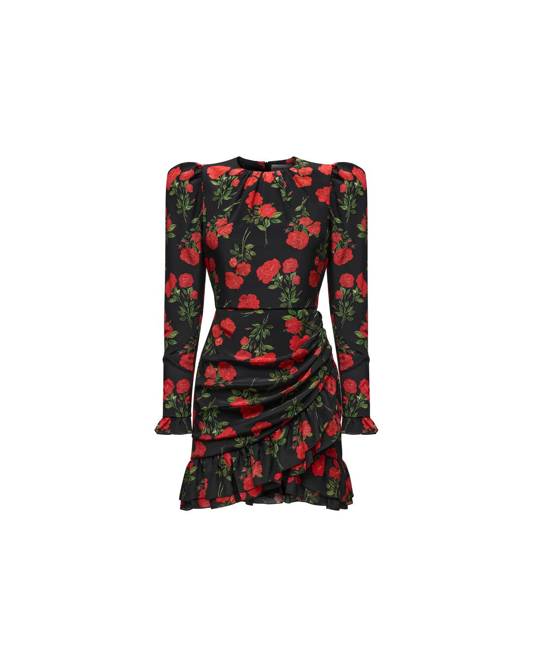 Charlotte mini, mini dress in black crepe de chine with medium red roses