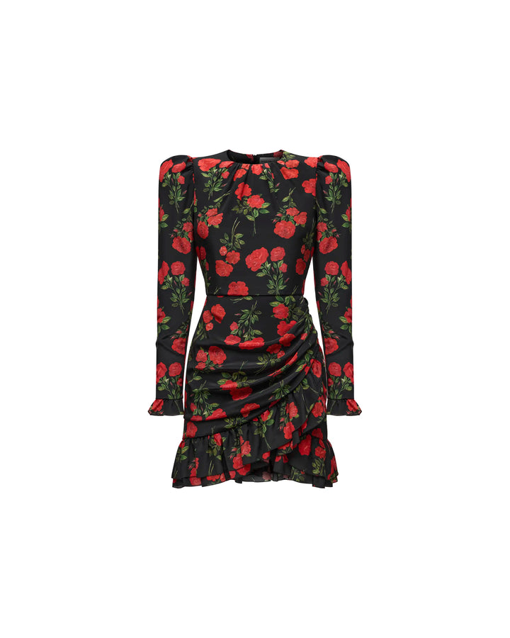 Charlotte mini, mini dress in black crepe de chine with medium red roses