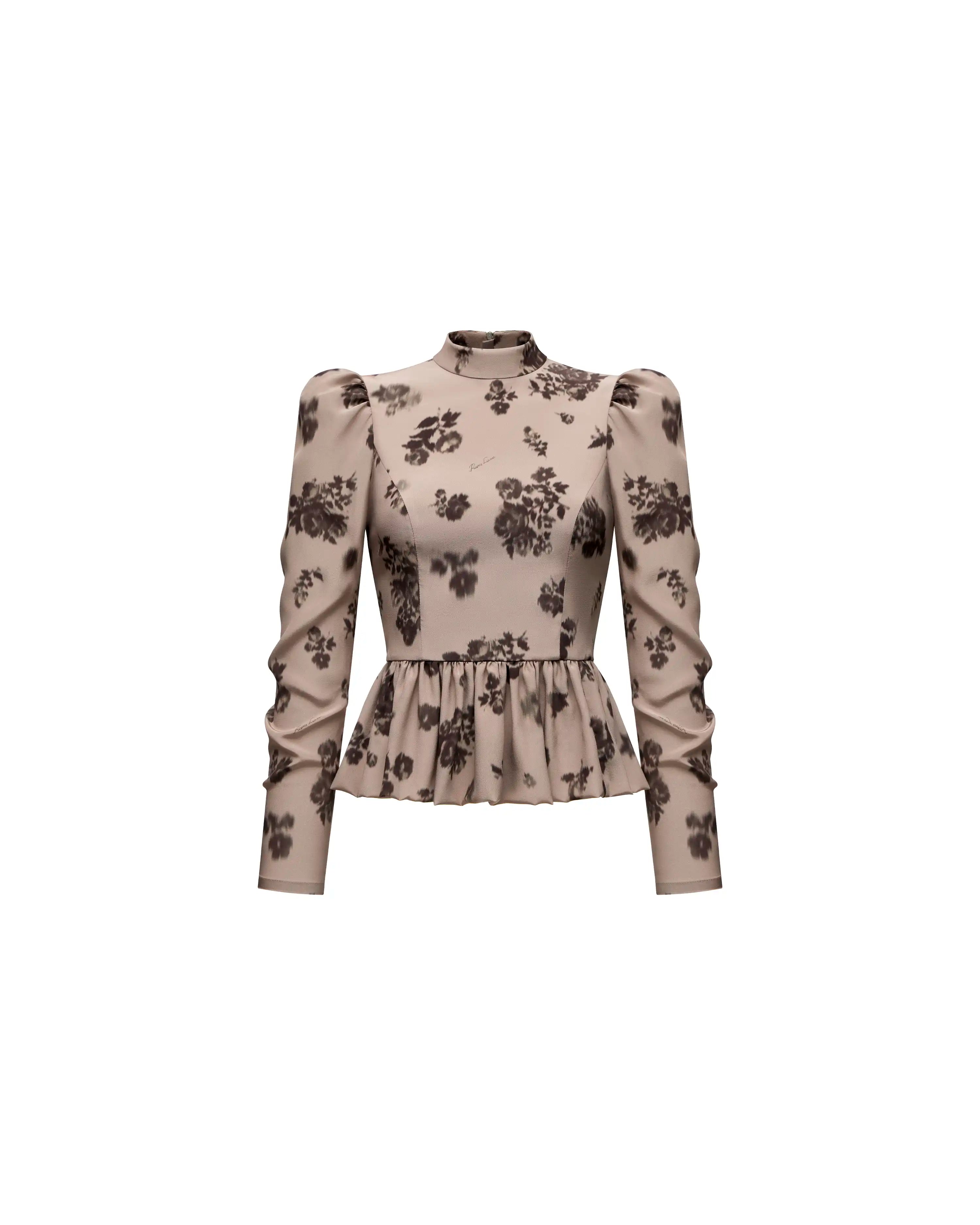 Valisa top, beige crepe de chine top with chocolate flowers