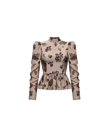 Valisa top, beige crepe de chine top with chocolate flowers