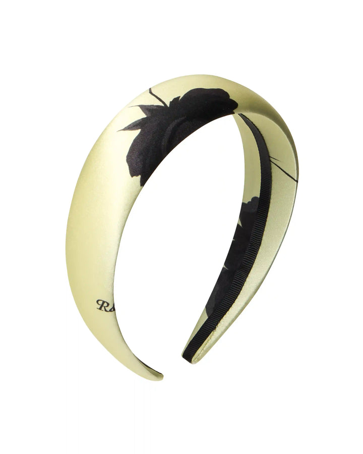 Noelia, headband made of yellow satin with gray flowers