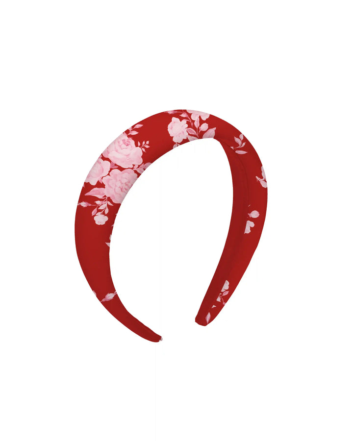 Noelia, wide red crepe de chine headband with a floral print