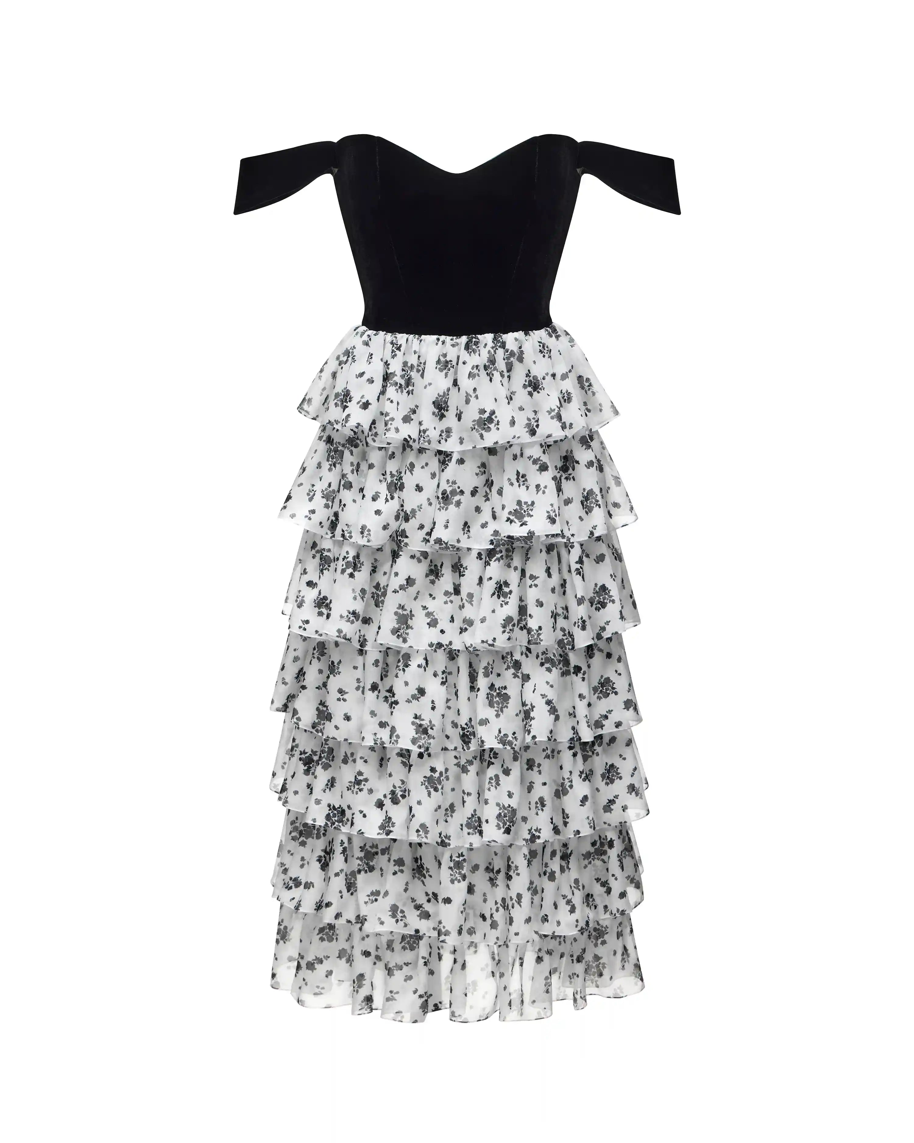 Lisen midi, midi corset dress made of black velvet and ivory chiffon with floral print
