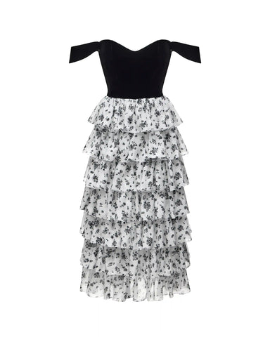 Lisen midi, midi corset dress made of black velvet and ivory chiffon with floral print